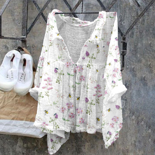 Comstylish Ladies Floral Bee Pattern Casual Cotton Linen Shirt