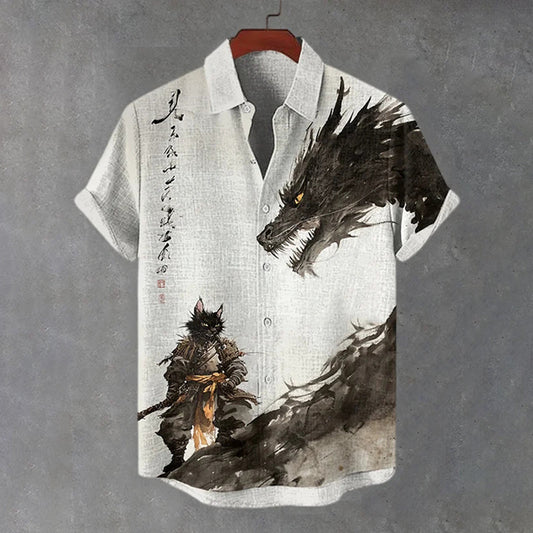Men's Cat Warrior And Dragon Duel Ink Painting Art Print Short Sleeve Shirt elevenforest