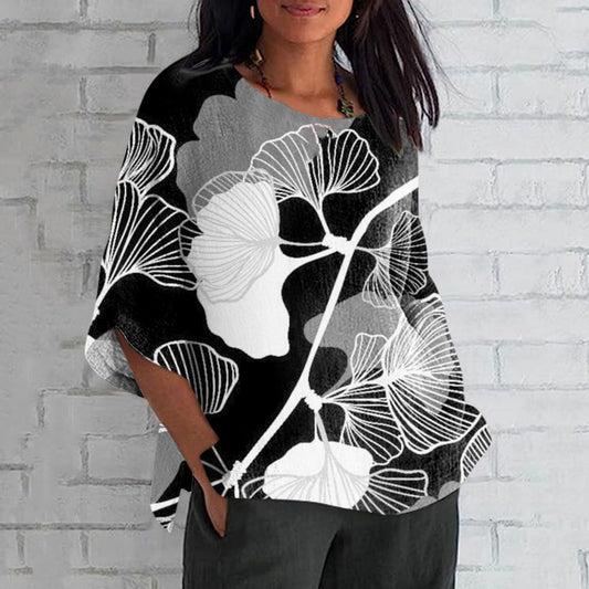 Comstylish Elegant Japanese Art Ginkgo Print Crew Neck Casual T-Shirt