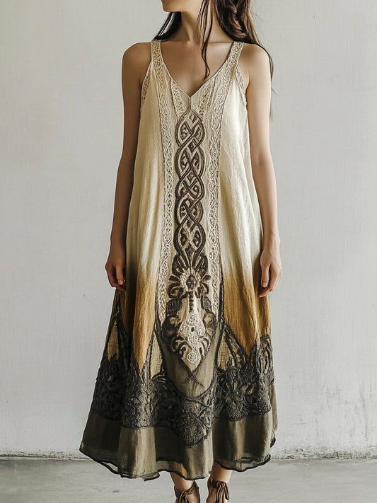 Vintage Celtic Knot Gradient Lace Linen Tank Dress artswardrobe