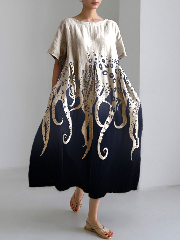 Comstylish Ocean Octopus Japanese Art Linen Blend Casual Dress