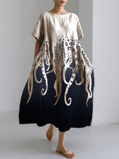 Comstylish Ocean Octopus Japanese Art Linen Blend Casual Dress