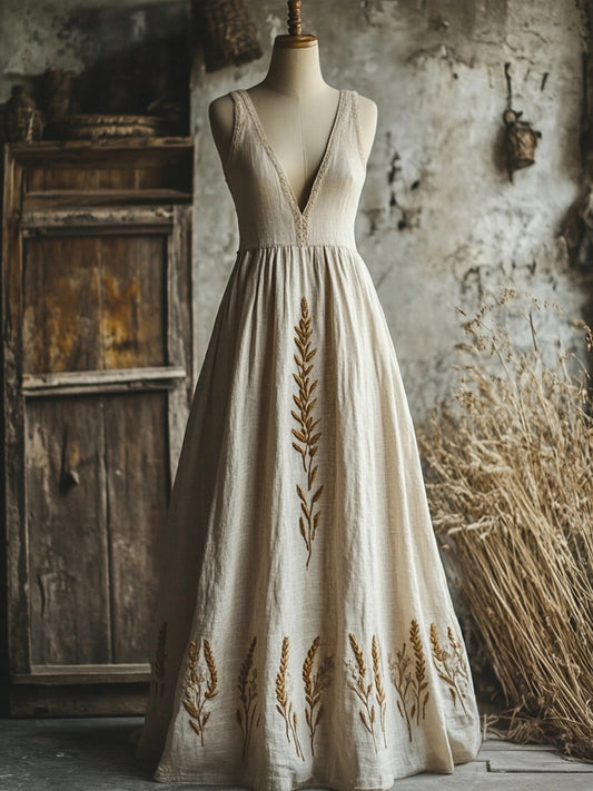 Lammas Wheat Embroidered V Neck Linen Maxi Dress artswardrobe