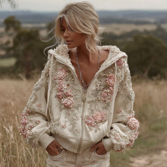 Comstylish Women's Vintage Pink Floral Embroidery Art Casual Zip Pu Hoodie