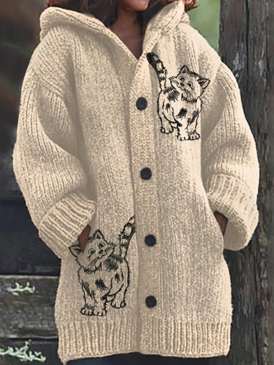 Women's Retro Funny Animal Cat Print Cozy Knitted Hoodie Jacket elevenforest