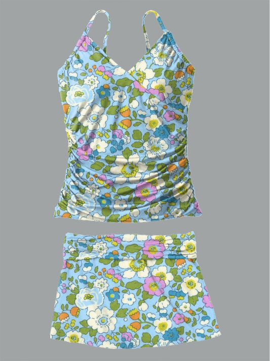 Women's Floral Print Suspender Shirred Swimsuit Set