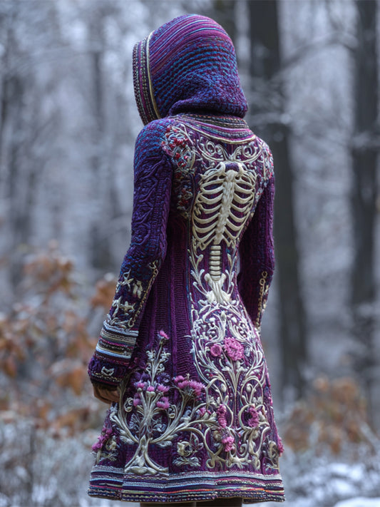 Comstylish Halloween Skeleton & Thistle Art Women's Knit Hooded Mini Dress