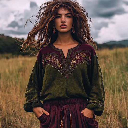 Boho Floral Tassel Art Linen Blend Loose Blouse artswardrobe