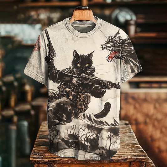 Men's Black Cat Warrior Holding A Gun Riding On A Dragon Print Casual T-shirt elevenforest