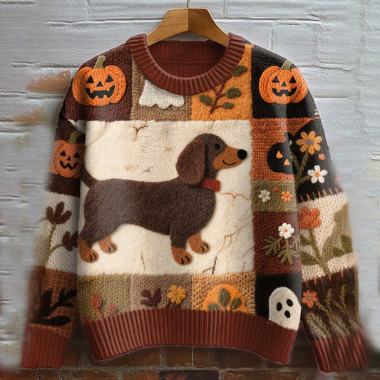 Vintage Dachshund Felt Art Inspired Embroidered Cozy Knit Sweater elevenforest