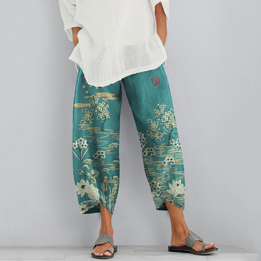 Comstylish Vintage Flowers Japanese Art Cropped Casual Pants
