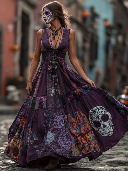 Ladies' Vintage-style Dress With Skull Pattern And Shoulder Straps artswardrobe