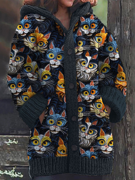 Colorful Cat Pattern Cozy Hooded Cardigan artswardrobe