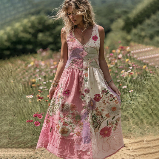 Women's Embroidered Rose Patchwork Maxi Dress artswardrobe