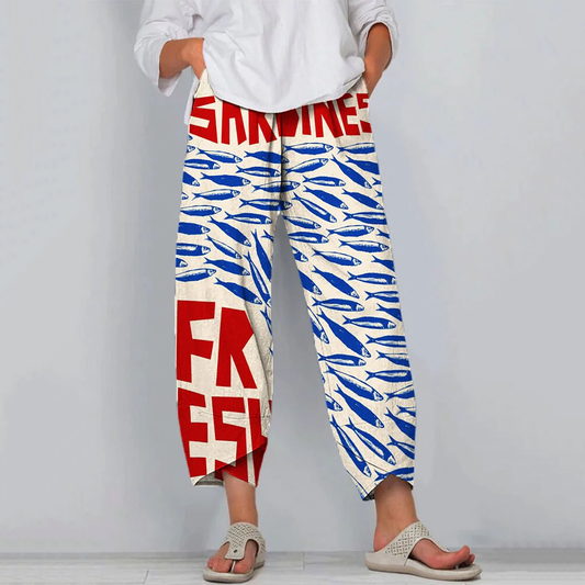 Comstylish Retro Sardinas Fish Art Cropped Casual Pants
