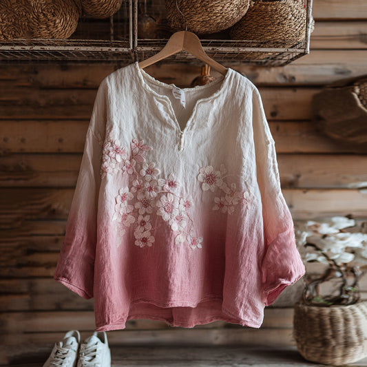 Comstylish Vintage Cherry Blossom Embroidery Gradient Art Linen Comfy Tunic
