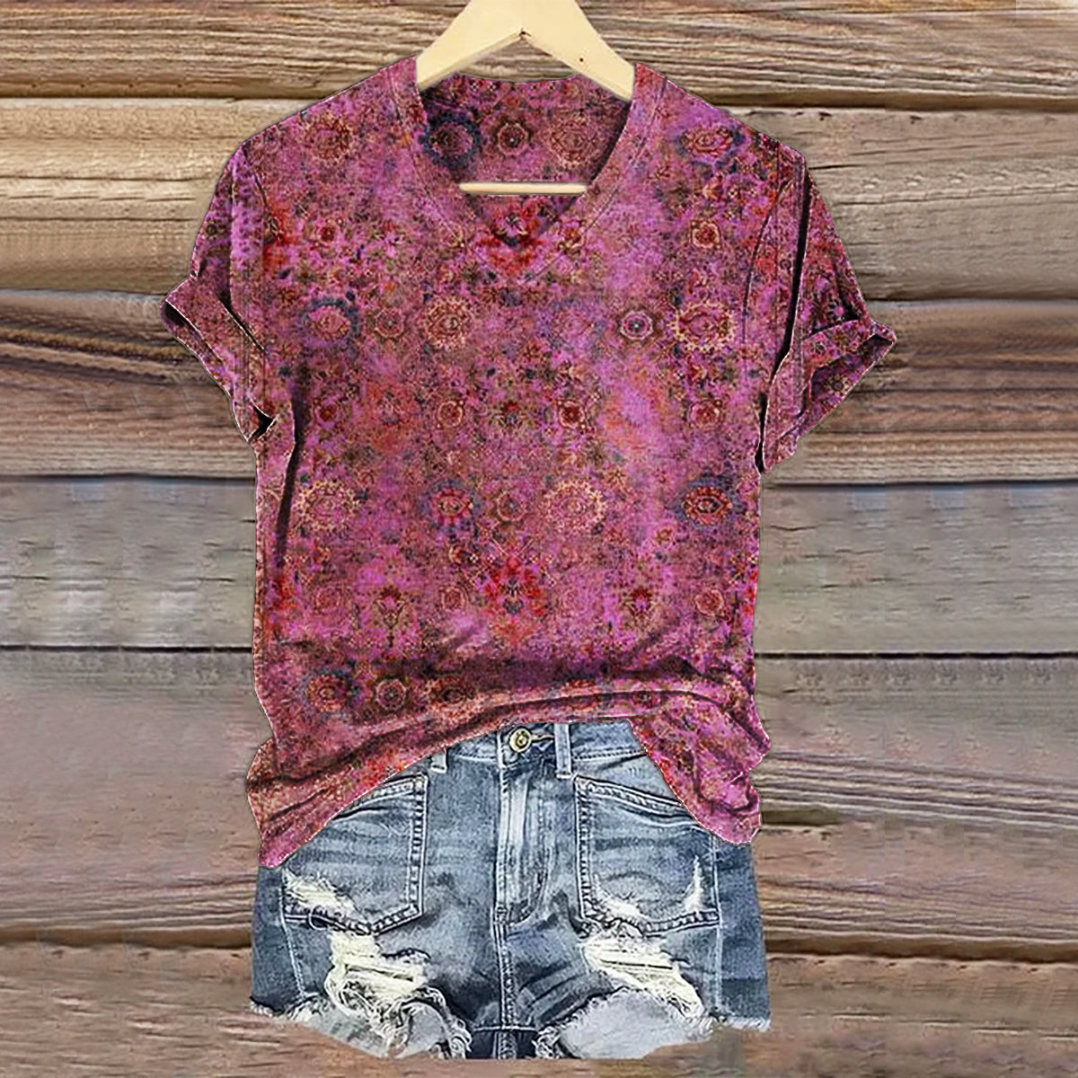 Women's Vintage Ethnic Floral Art Print V-neck Casual T-Shirt