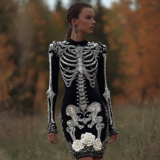 Comstylish Women's Halloween Human Skeleton Skeleton Rose Gothic Round Neck Knitted Dress