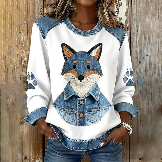 Comstylish Women's Vintage Handsome Fox And Nick Art Pattern Patchwork Casual Sweatshirt