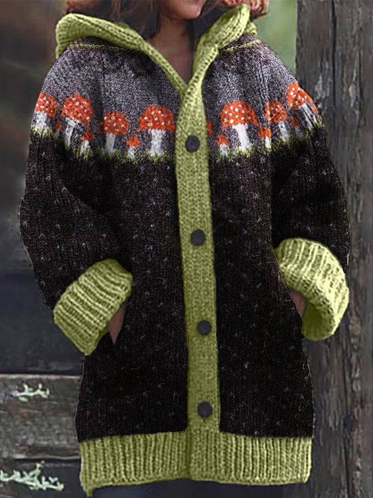 Vintage Mushroom Polka Dots Cozy Knit Hooded Isle Cardigan artswardrobe