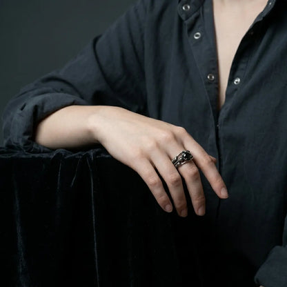 Twin Skeleton Embrace Black Gem Ring