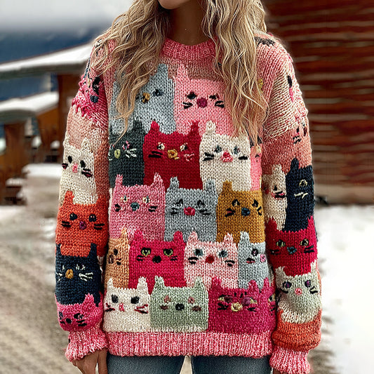 Comstylish Colorful Winter Cats Pattern Art Cozy Knit Sweater