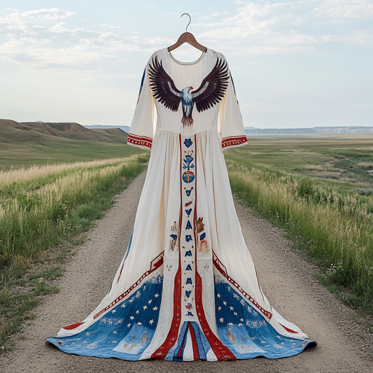 Women's Bald Eagle And Tribal Pattern Cotton And Linen Dress artswardrobe