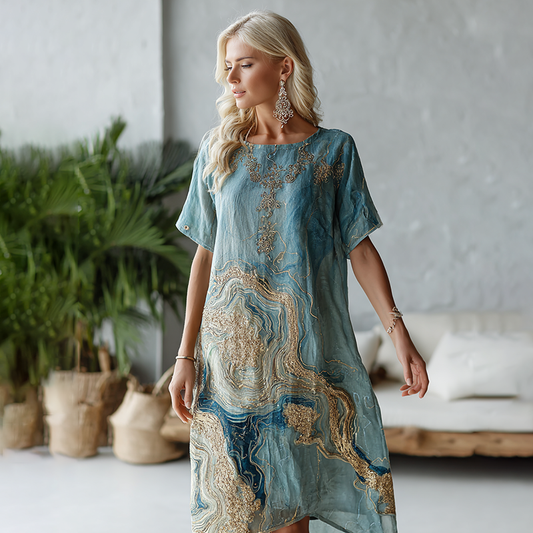 Vintage Marble Texture Collection Retro Bohemia Gradient Gilded Pattern Linen Dress artswardrobe