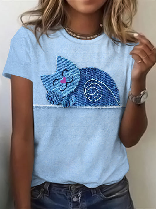 Women's Vintage Denim Patchwork Cat Art Short Sleeve T-shirt elevenforest