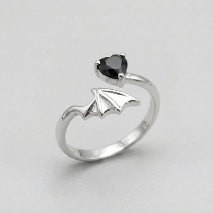 Gothic Bat Wing & Black Heart Crystal Adjustable Open Ring