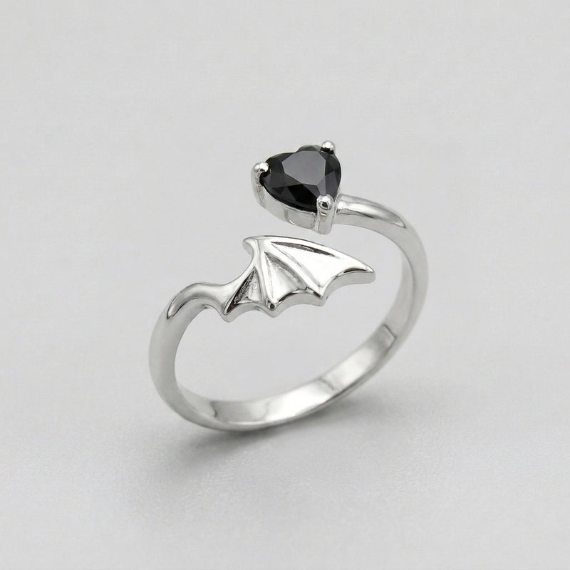 Gothic Bat Wing & Black Heart Crystal Adjustable Open Ring