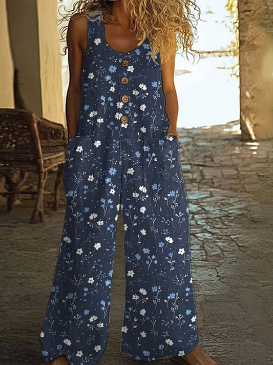 Comstylish Women's Vintage Check Floral Print Button Casual Jumpsuit