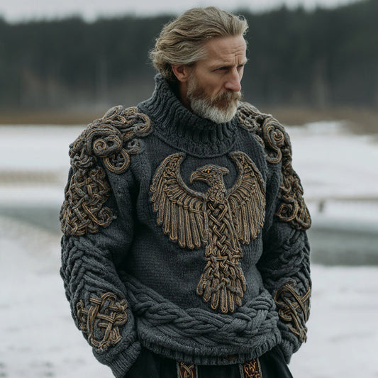 Men's Vintage Viking Celtic Knot Eagle Art Cozy Knit Turtleneck Sweater artswardrobe
