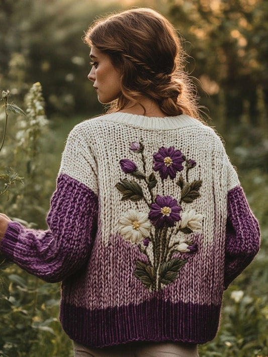 Women's Floral Embroidery Gradient Color Cozy Knit Sweater elevenforest