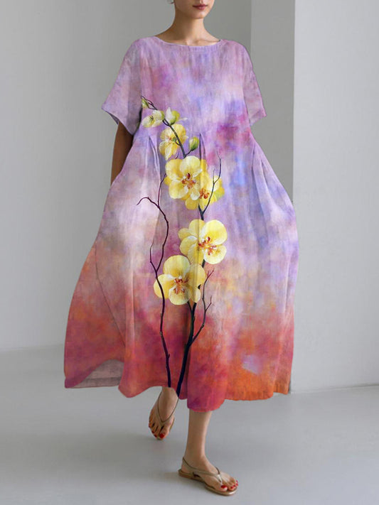 Comstylish Orchid Japanese Art Print Linen Blend Maxi Dress