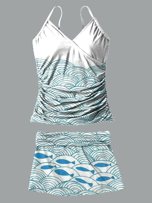 Fish V-Neck Vintage Flowers Print Suspender Skirt Tankini Pantskirt Set Swimsuit