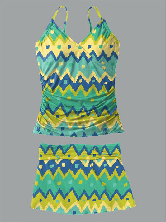 Women's Geometric Print Suspender Shirred Swimsuit Set