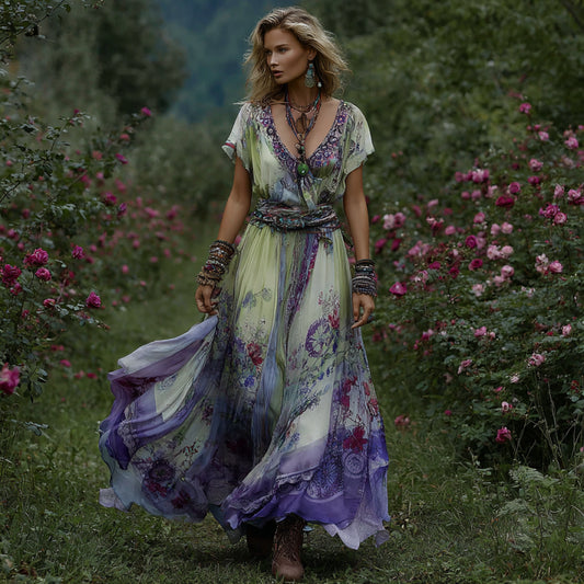 Vintage Gradient Purple Floral Embroidered Linen Short Sleeve Maxi Dress artswardrobe