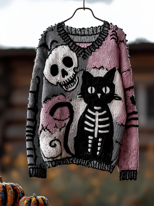 Comstylish Halloween Cat And Skeleton Pattern Women's V-neck Knit Sweater