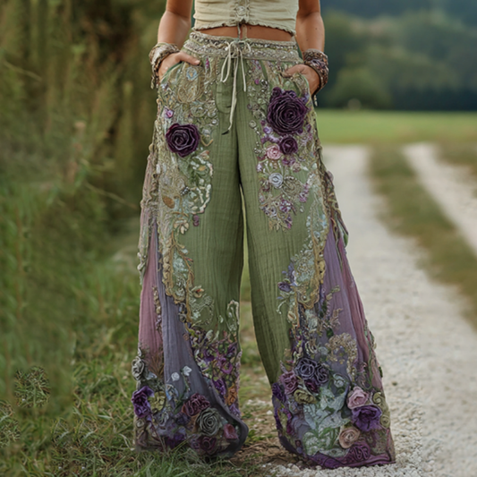 Classy Purple Lavender And Floral Embroidered Art Linen Pants artswardrobe