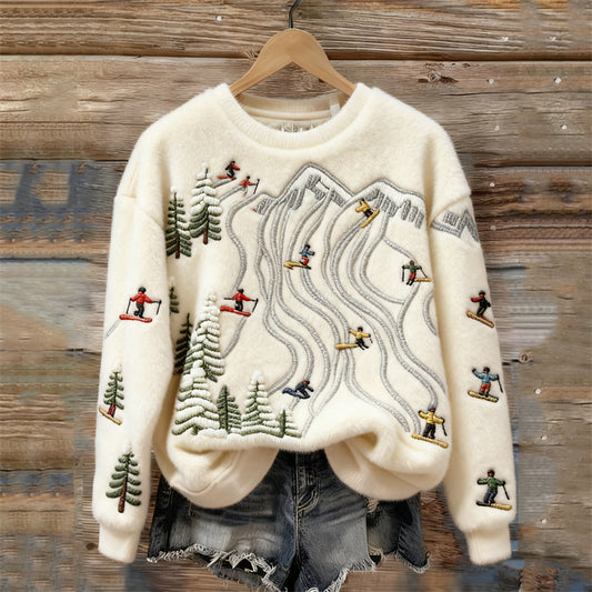 Comstylish Ski Resorts Mountains Landscape Embroidered Cozy Plush Sweatshirt