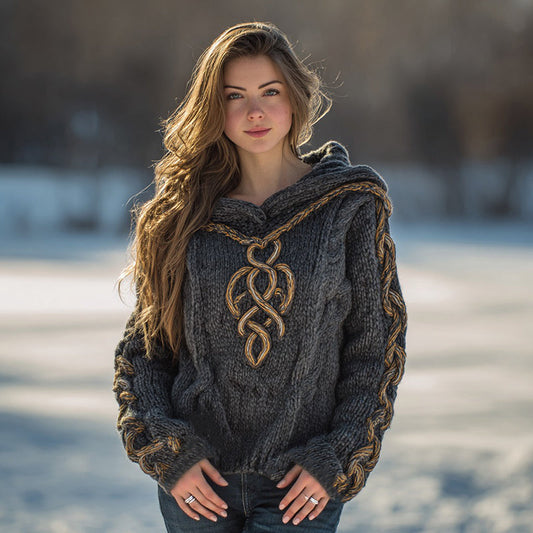 Women's Vintage Viking Celtic Rune Knit Hooded Sweater elevenforest