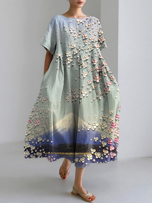 Comstylish Mount Fuji & Cherry Blossoms Oil Painting Art Print Linen Dress