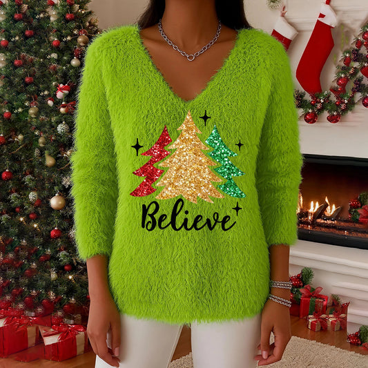 Comstylish Women's Christmas Tree Art Plush Sweatshirt