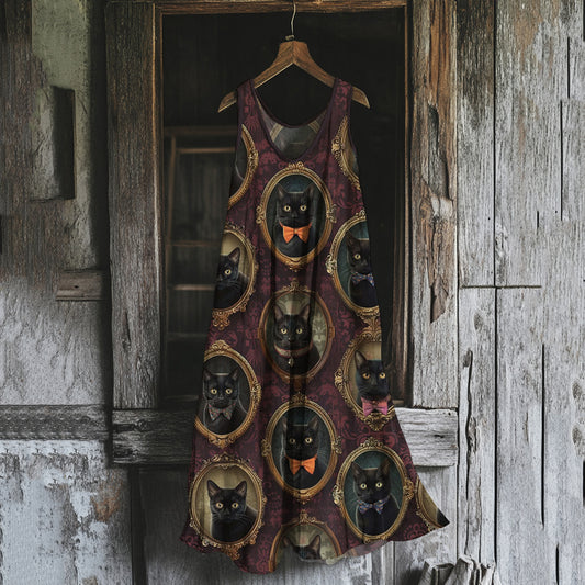 Women's Vintage Cat Bow Pattern Cotton And Linen Dress artswardrobe