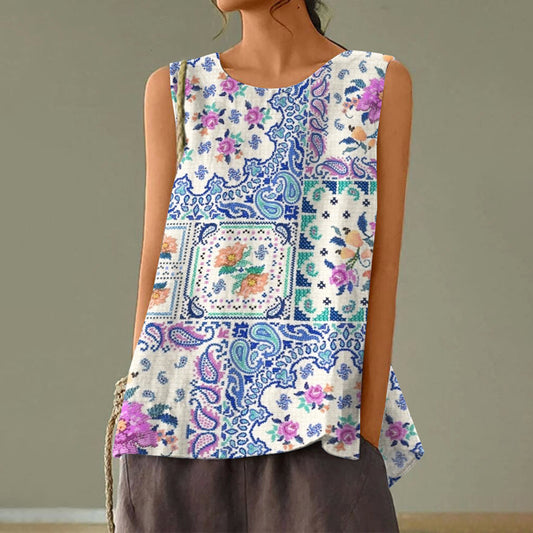 Women's Vintage Paisley Floral Art Cotton And Linen Tank Top artswardrobe