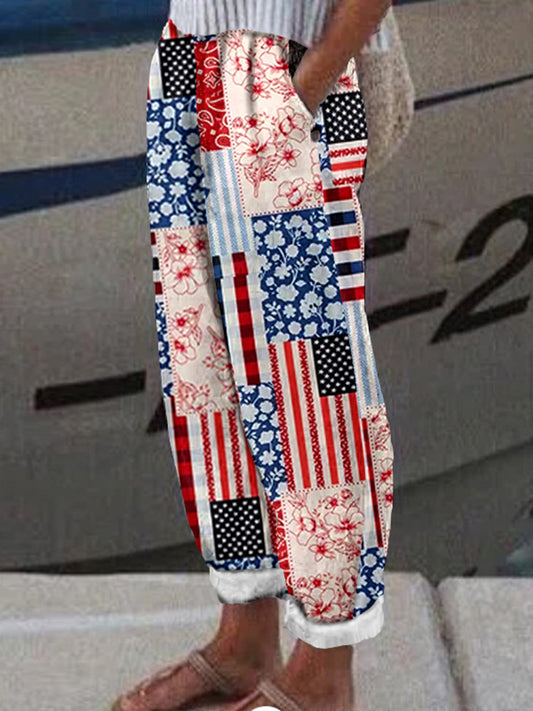 Women's Independence Day American Flag Patch Floral & Paisley Art Linen Blend Casual Pants artswardrobe