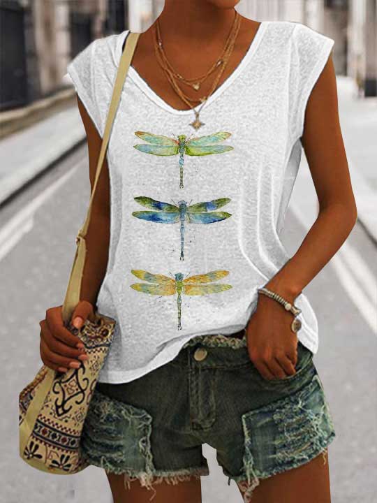 Comstylish Women's Casual Watercolor Dragonfly Cotton Blend Print Vest