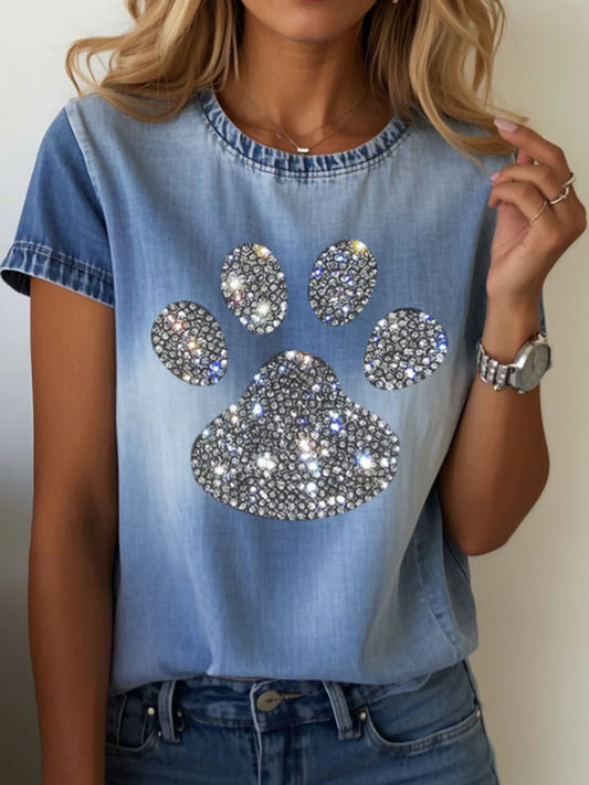 Comstylish Women's Denim Rhinestone Claw Print Short Sleeve T-shirt