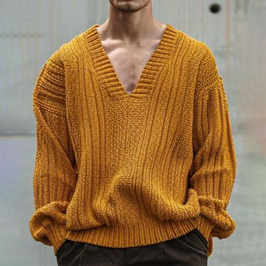 Retro Island Jacquard Patchwork Men's V-Neck Sweater artswardrobe